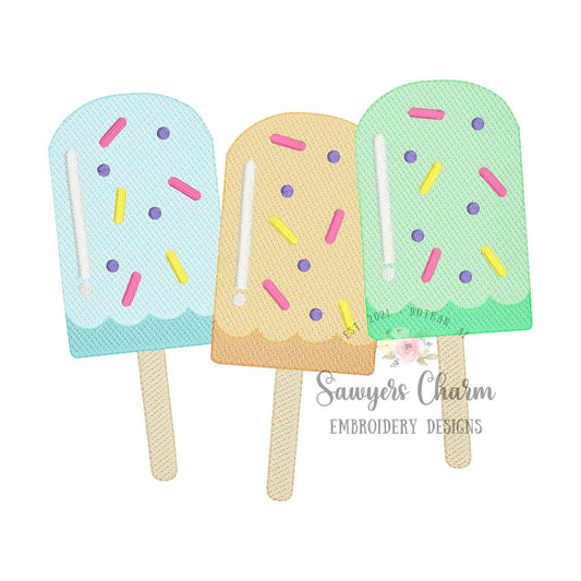 Popsicle trio with sprinkles light sketch stitch machine embroidery design file, summer, spring, snacks ice cream, satin stitch quick stitch