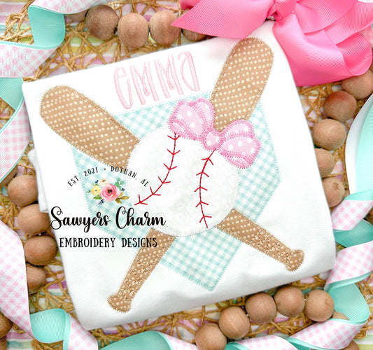 BUNDLE Baseball bats/home plate zig zag & bean stitch with coquette bow machine applique, embroidery design, softball player