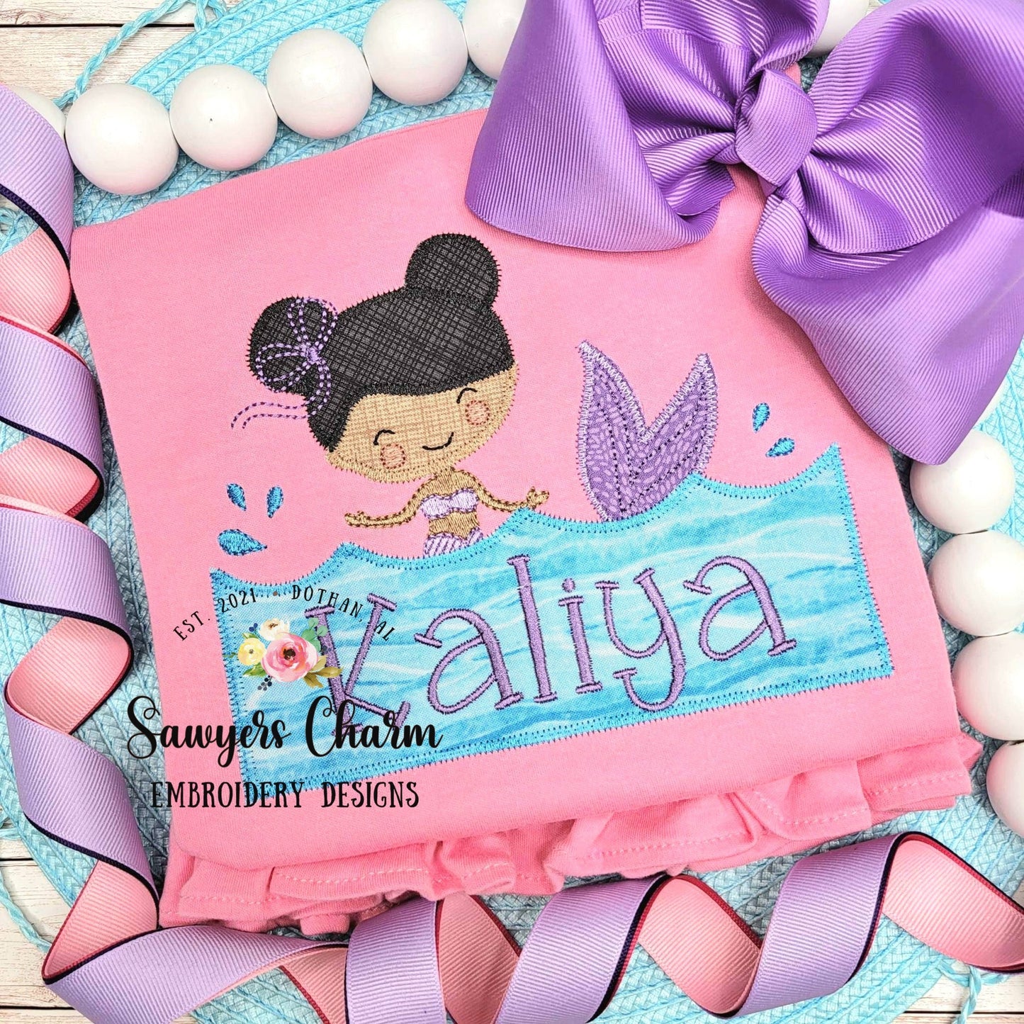 BUNDLE Mermaid with buns swimming in water with name plate zig zag & bean stitch machine embroidery design file quick stitch bow ocean beach