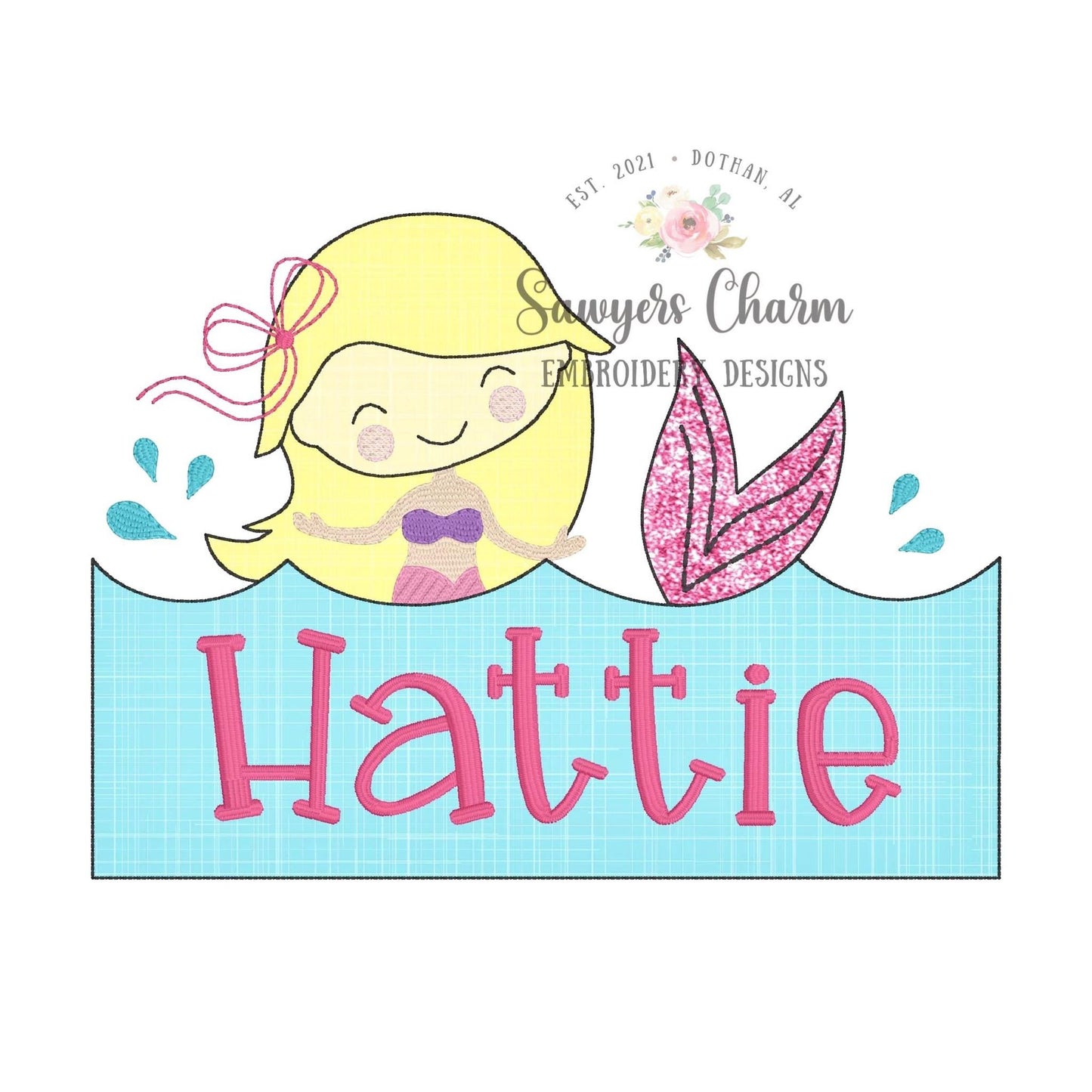 BUNDLE Mermaid jumping out of water with name plate zig zag & bean stitch machine embroidery design file, quick stitch, bow, ocean beach