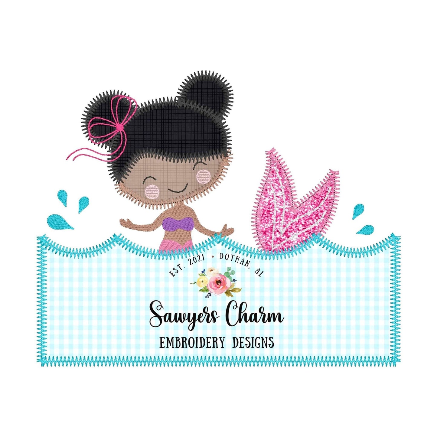 BUNDLE Mermaid with buns swimming in water with name plate zig zag & bean stitch machine embroidery design file quick stitch bow ocean beach
