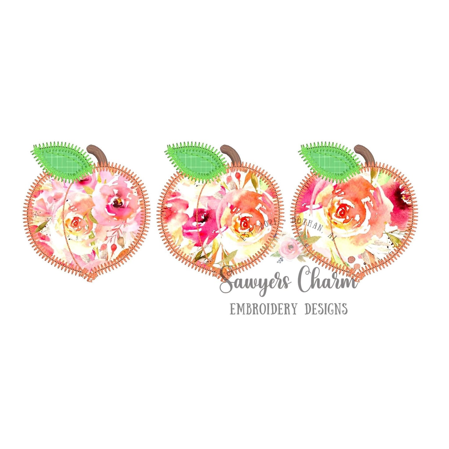 BUNDLE Peach trio zig zag & bean stitch applique machine embroidery design file, quick stitch, fruit, summer spring, garden, Georgia