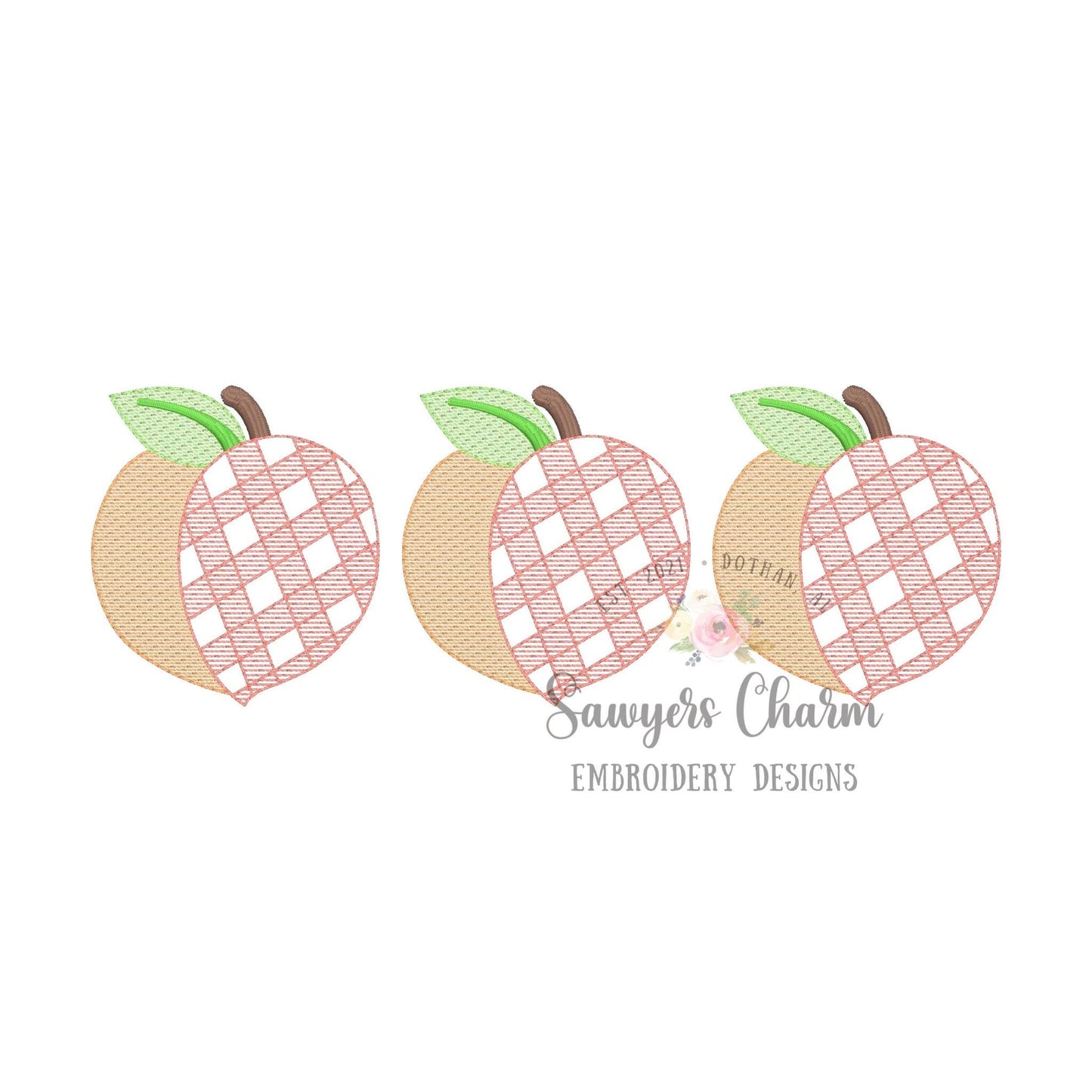 Gingham Peach trio sketch stitch machine embroidery design file, quick stitch, fruit, summer spring, garden, Georgia, plaid, check