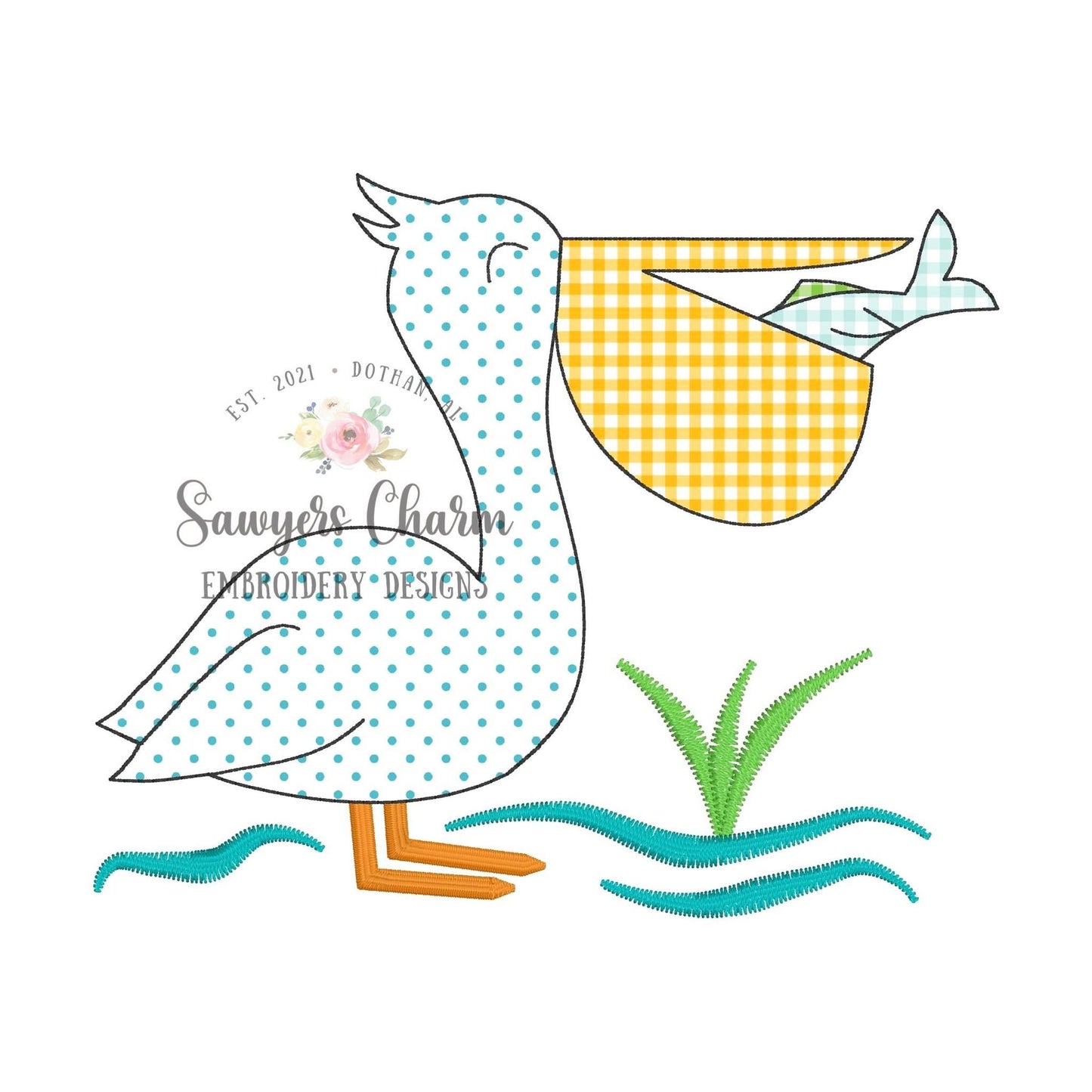 BUNDLE Pelican with fish zigzag & bean stitch applique machine embroidery design file, summer, quick stitch, beach ocean lake water waves