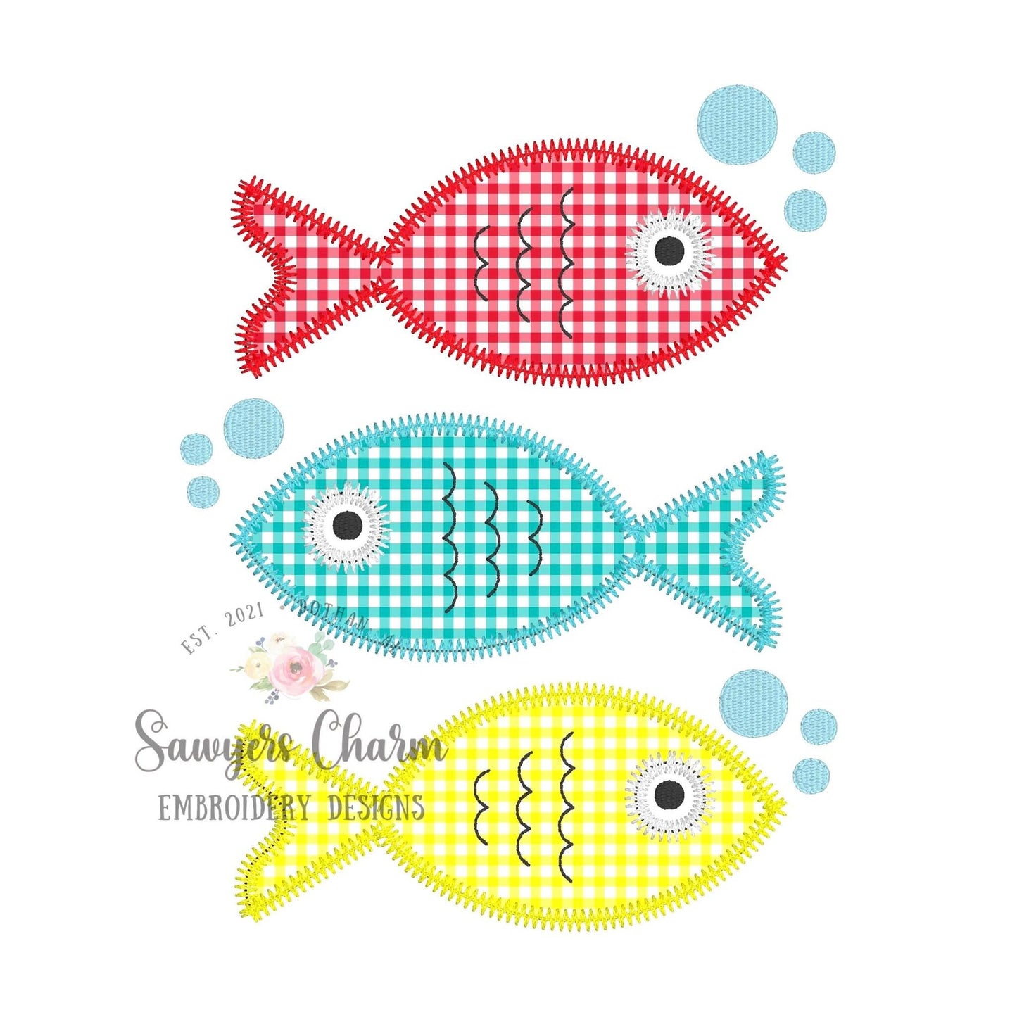 BUNDLE Fish trio with bubbles bean & zig zag stitch applique machine embroidery design file, quick stitch, spring summer, water lake pond