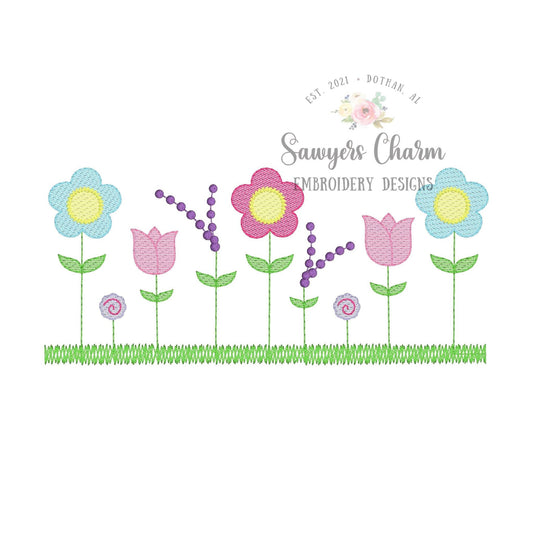 Row of wildflowers in grass sketch stitch machine embroidery design file, quick stitch, spring flowers, tulip daisy lavender summer outdoors