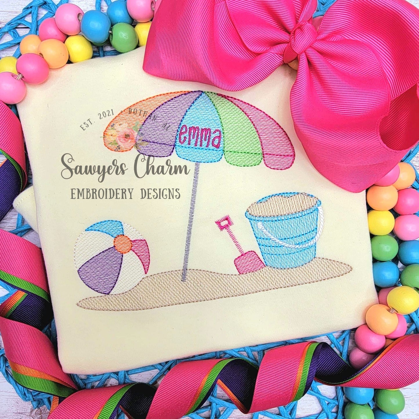 Beach umbrella and ball, sand pail & scoop, sketch stitch machine embroidery design file, bucket, shovel, sand, ocean, water, vacation, sun