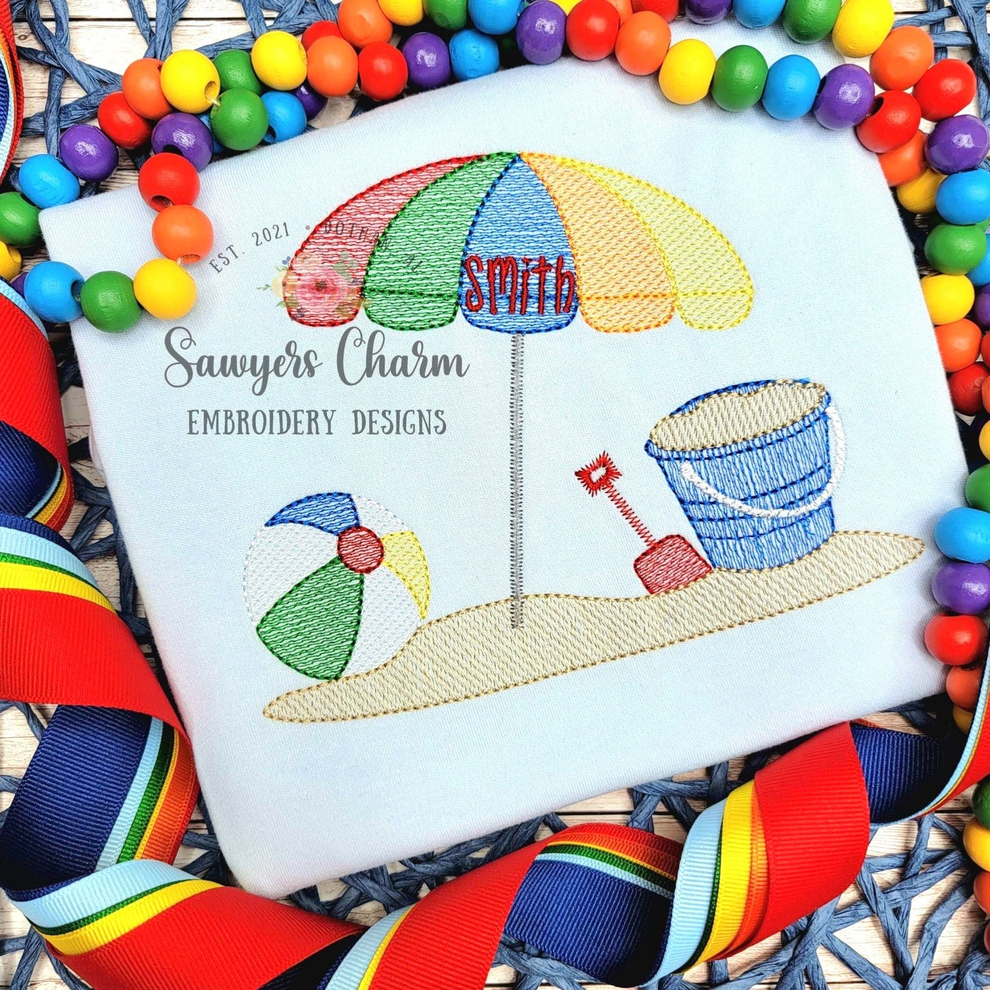 Beach umbrella and ball, sand pail & scoop, sketch stitch machine embroidery design file, bucket, shovel, sand, ocean, water, vacation, sun
