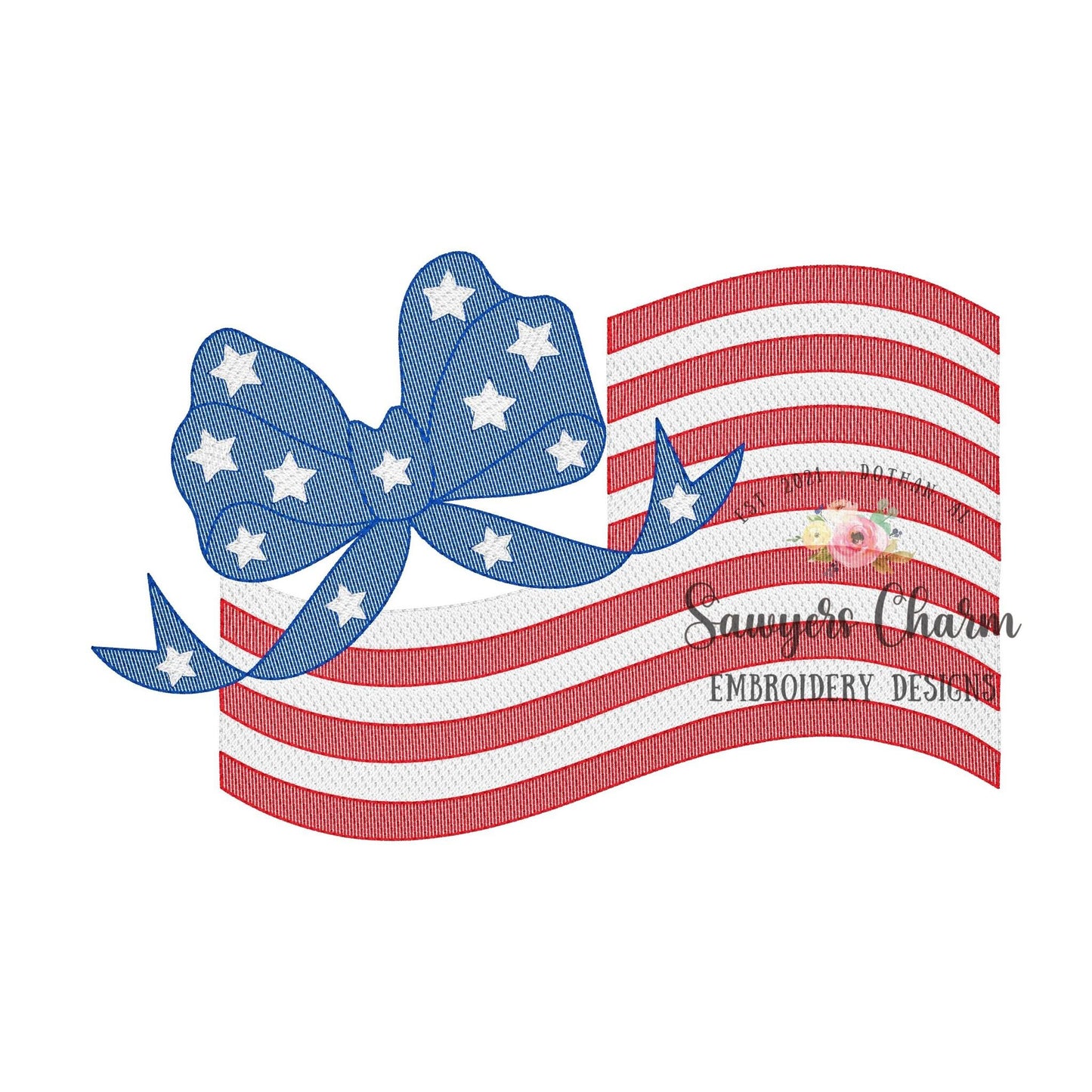 American flag with bow sketch stitch machine embroidery design file, bean stitch, 4th of July, patriotism, stars & stripes, girl, summer