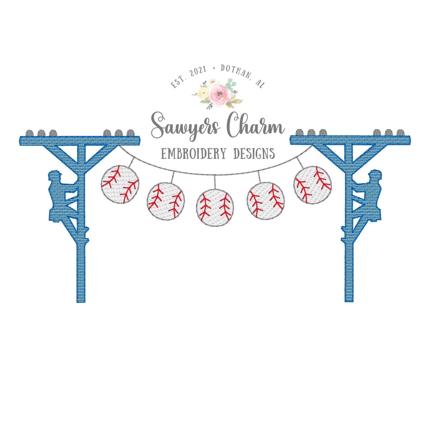 Baseball lineman bunting banner, sketch stitch machine embroidery design file, quick stitch, bean stitch, summer, sports college, pitcher