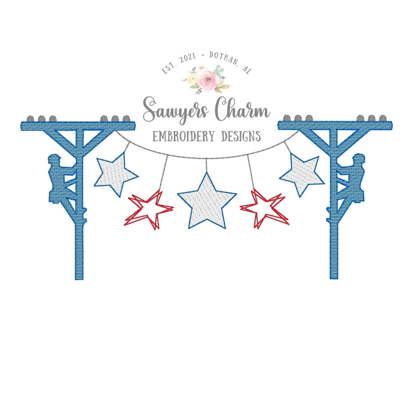 Patriotic stars lineman bunting banner, sketch stitch machine embroidery design file, quick stitch, summer, July 4th, Memorial Day