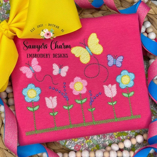 Row of wildflowers in grass with butterflies sketch stitch machine embroidery design file, spring flowers tulip daisy lavender summer