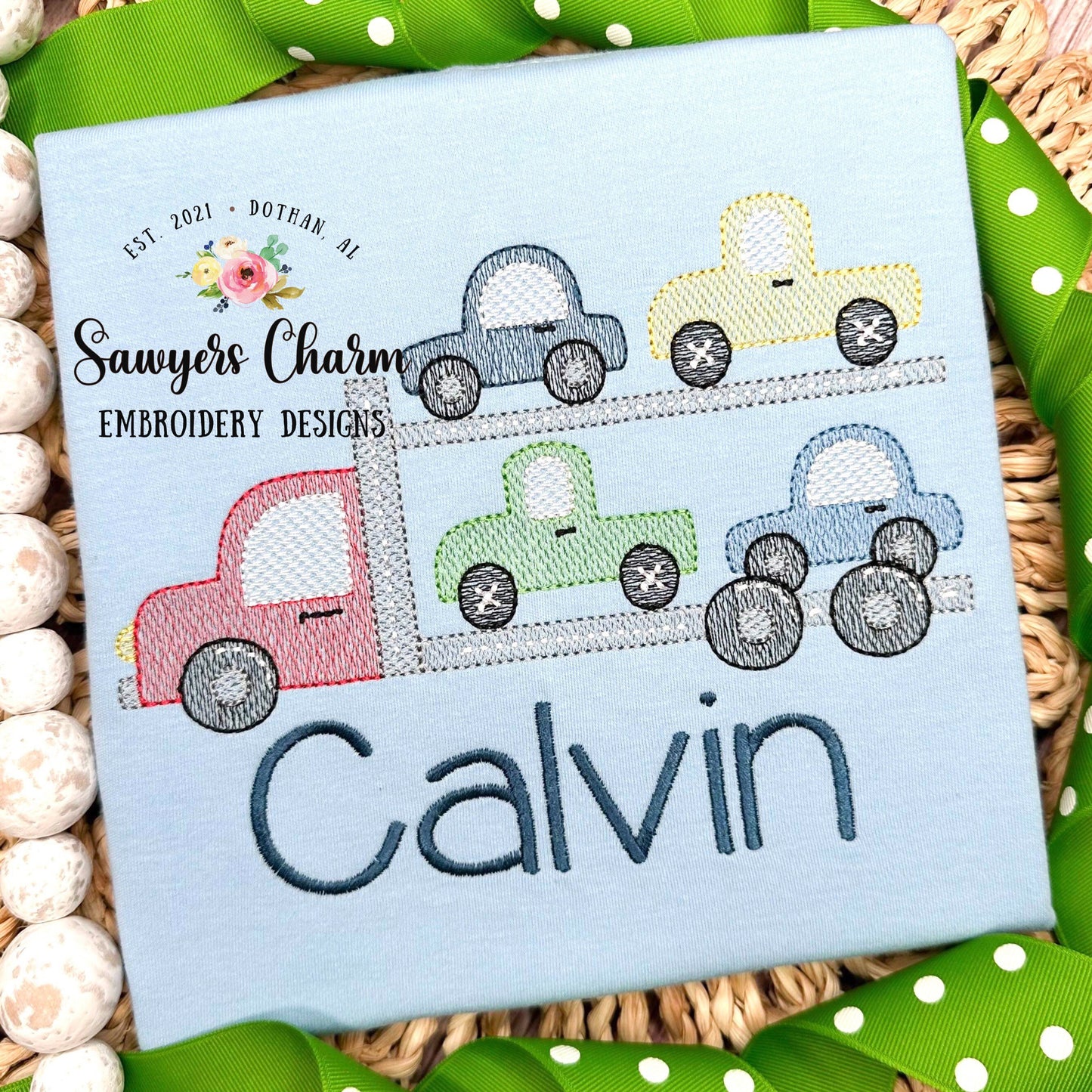 Car hauler, tow truck sketch stitch machine embroidery design file, bean stitch details, transportation vehicle, truck, car, semi big rig