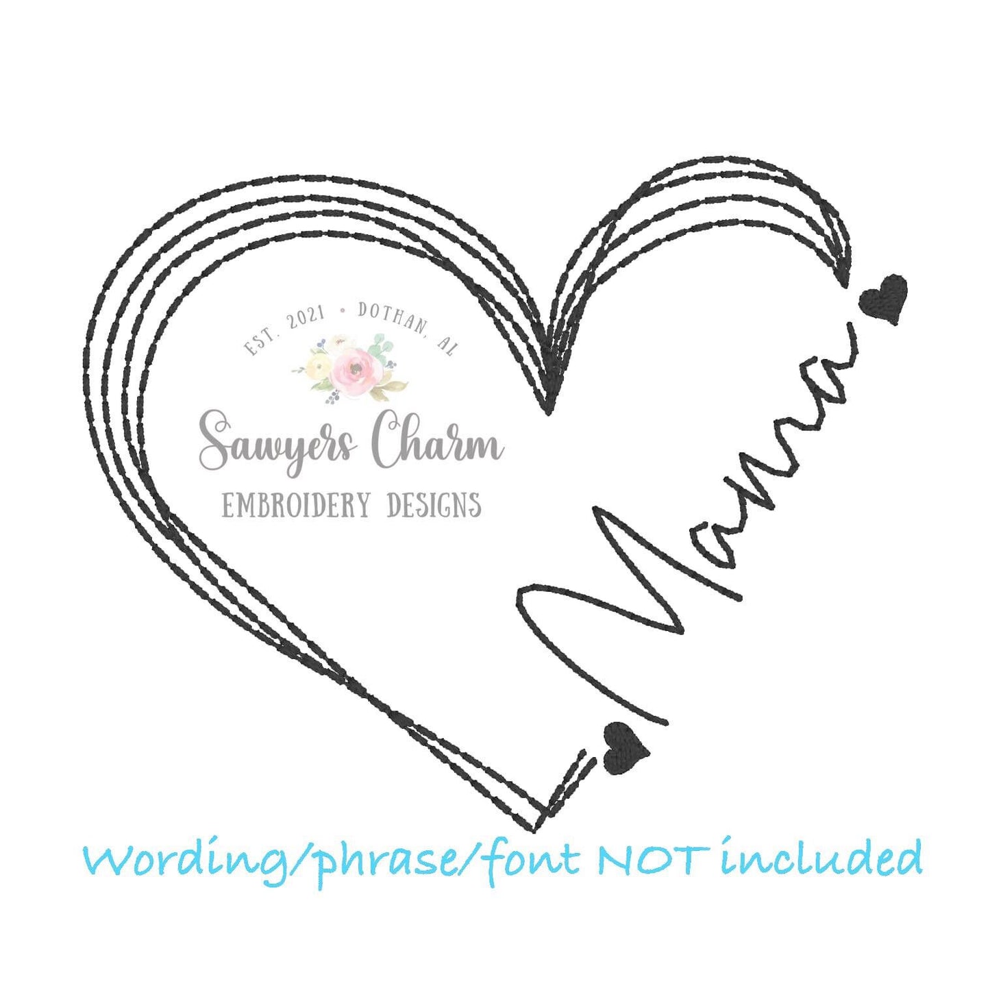 Scribble heart frame for names, bean stitch, machine embroidery design file, quick stitch, sketch stitch hearts, Mother's Day, love, grandma
