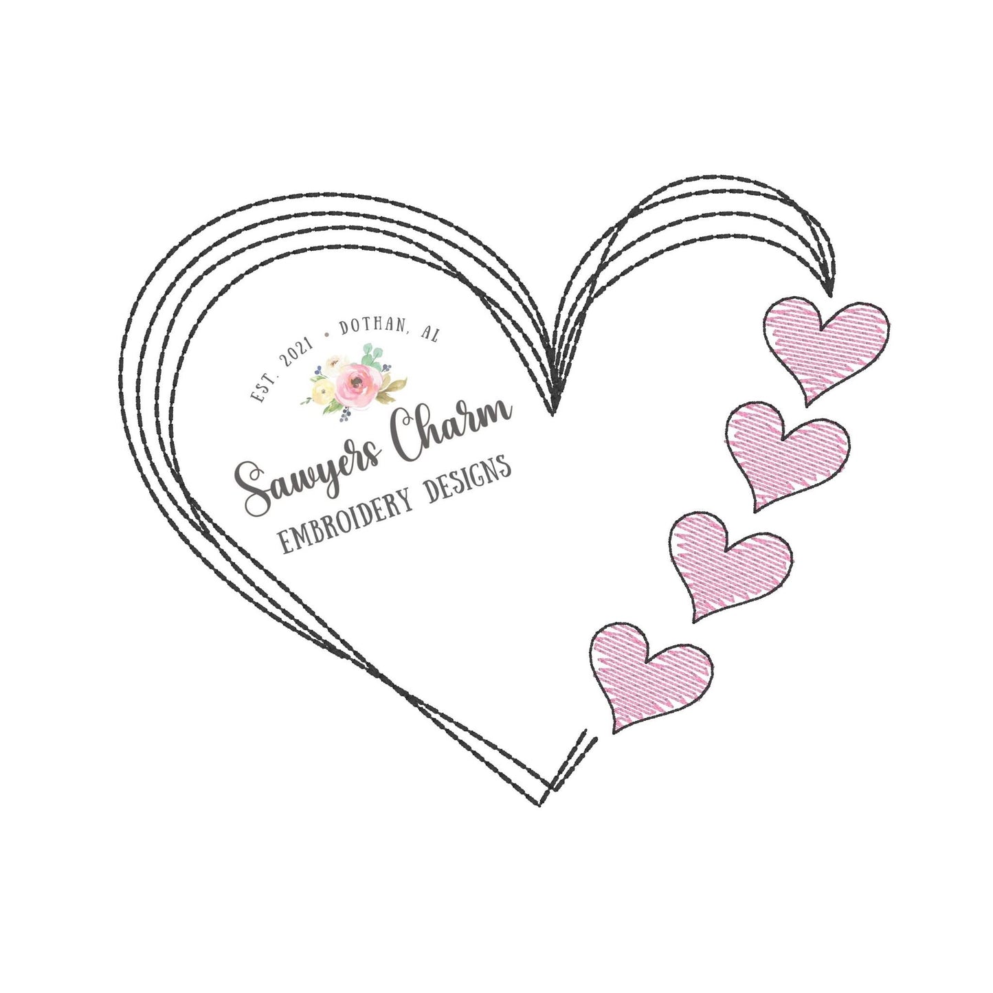 Scribble heart frame for names, bean stitch, machine embroidery design file, quick stitch, sketch stitch hearts, Mother's Day, love, grandma