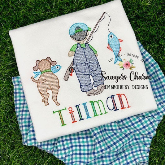 BUNDLE Little girl AND boy fishing with dog sketch stitch machine embroidery design file, fishing pole, spring summer, quick stitch, outdoor