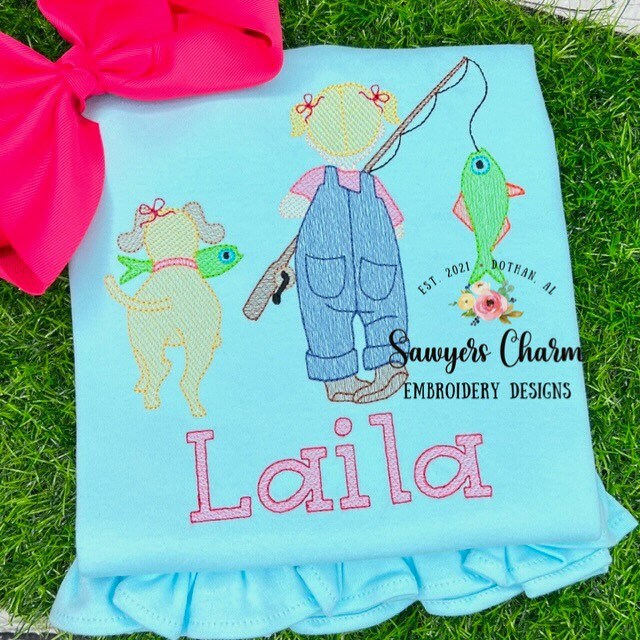 Little girl fishing with dog sketch stitch machine embroidery design file, fishing pole, quick stitch, spring summer, with pigtails & buns
