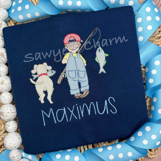 Little boy fishing with dog sketch stitch machine embroidery design file, fishing pole, quick stitch, spring summer, fish, cap/hat, outdoors