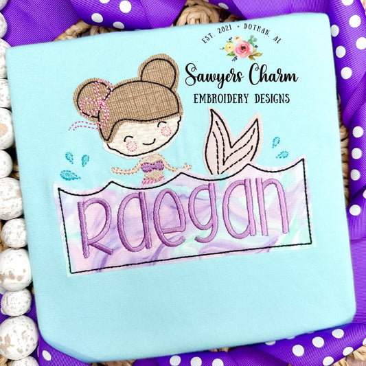 BUNDLE Mermaid with buns swimming in water with name plate zig zag & bean stitch machine embroidery design file quick stitch bow ocean beach