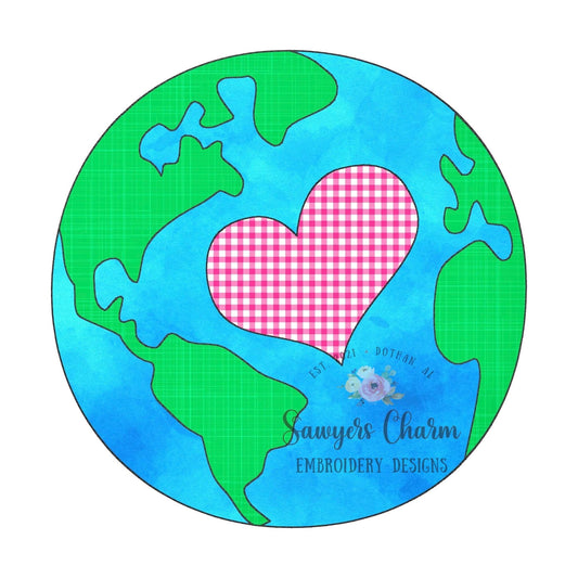 Earth with heart bean stitch applique machine embroidery design file, quick stitch, spring, Earth Day, summer, recycle, save the planet love