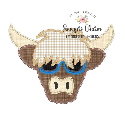 BUNDLE Highland cow with sunglasses boy & girl zig zag stitch applique machine embroidery design file, bow, summer sunnies shades, farm