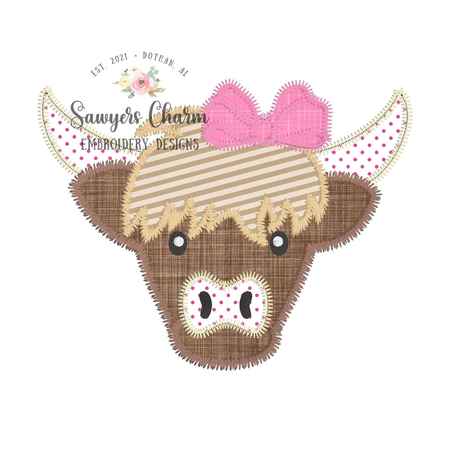 BUNDLE Highland cow boy & girl with bow zig zag stitch applique, machine embroidery design file, farm animal, bull heifer calf, quick stitch