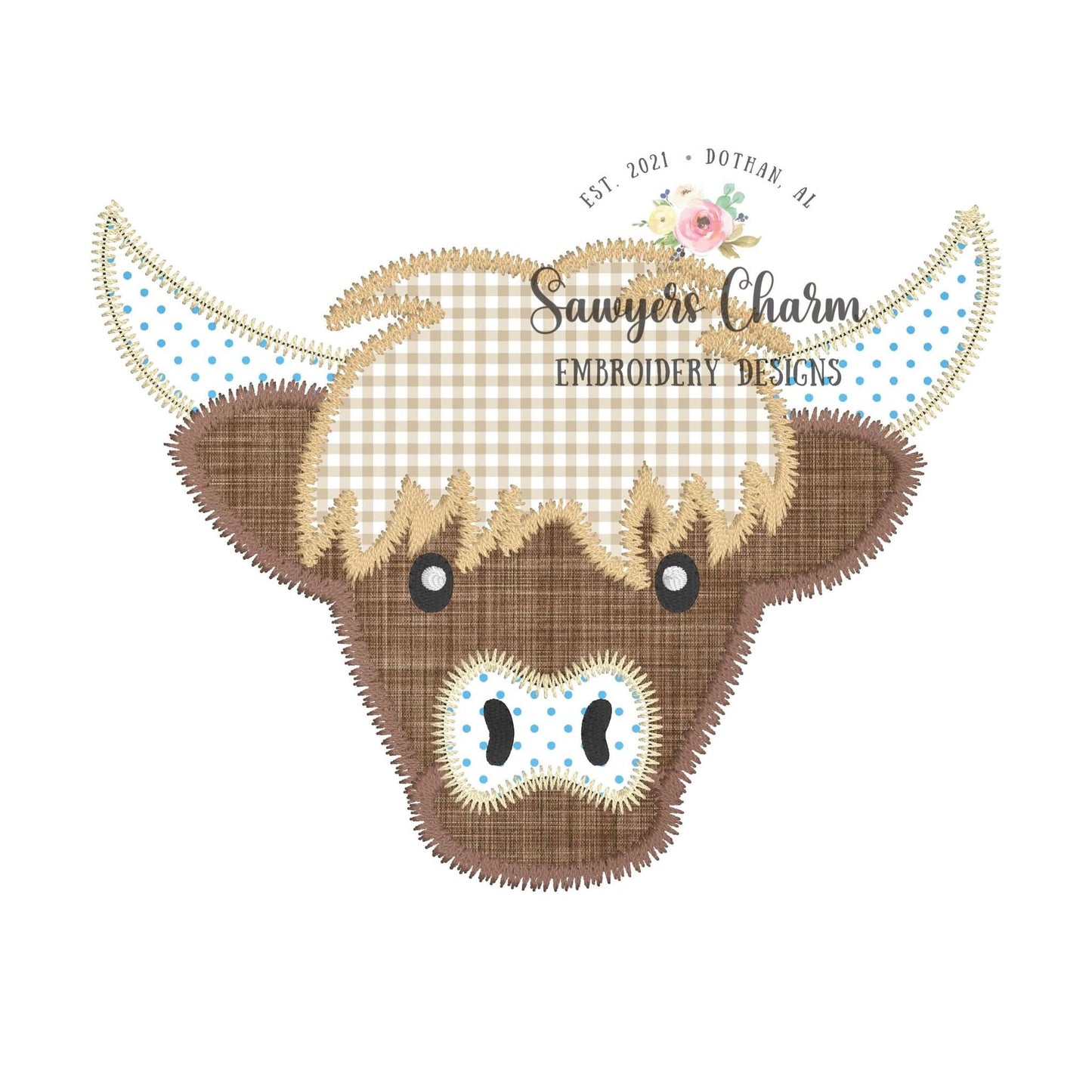 BUNDLE Highland cow boy & girl with bow zig zag stitch applique, machine embroidery design file, farm animal, bull heifer calf, quick stitch