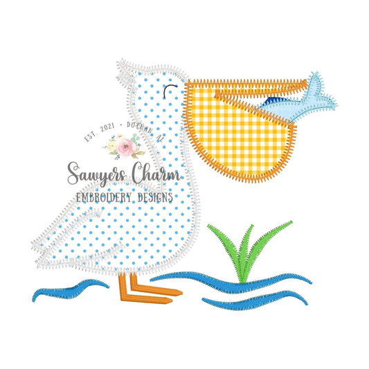 BUNDLE Pelican with fish zigzag & bean stitch applique machine embroidery design file, summer, quick stitch, beach ocean lake water waves