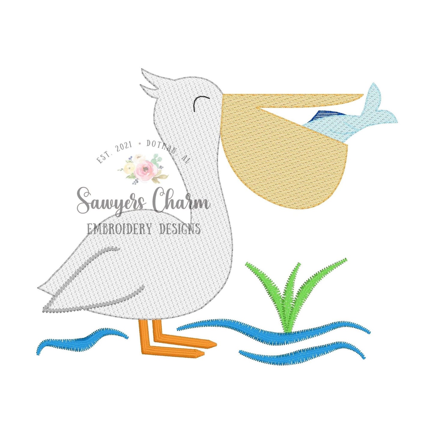 Pelican with fish light fill sketch stitch machine embroidery design file, summer, quick stitch, beach ocean lake water waves marsh grass