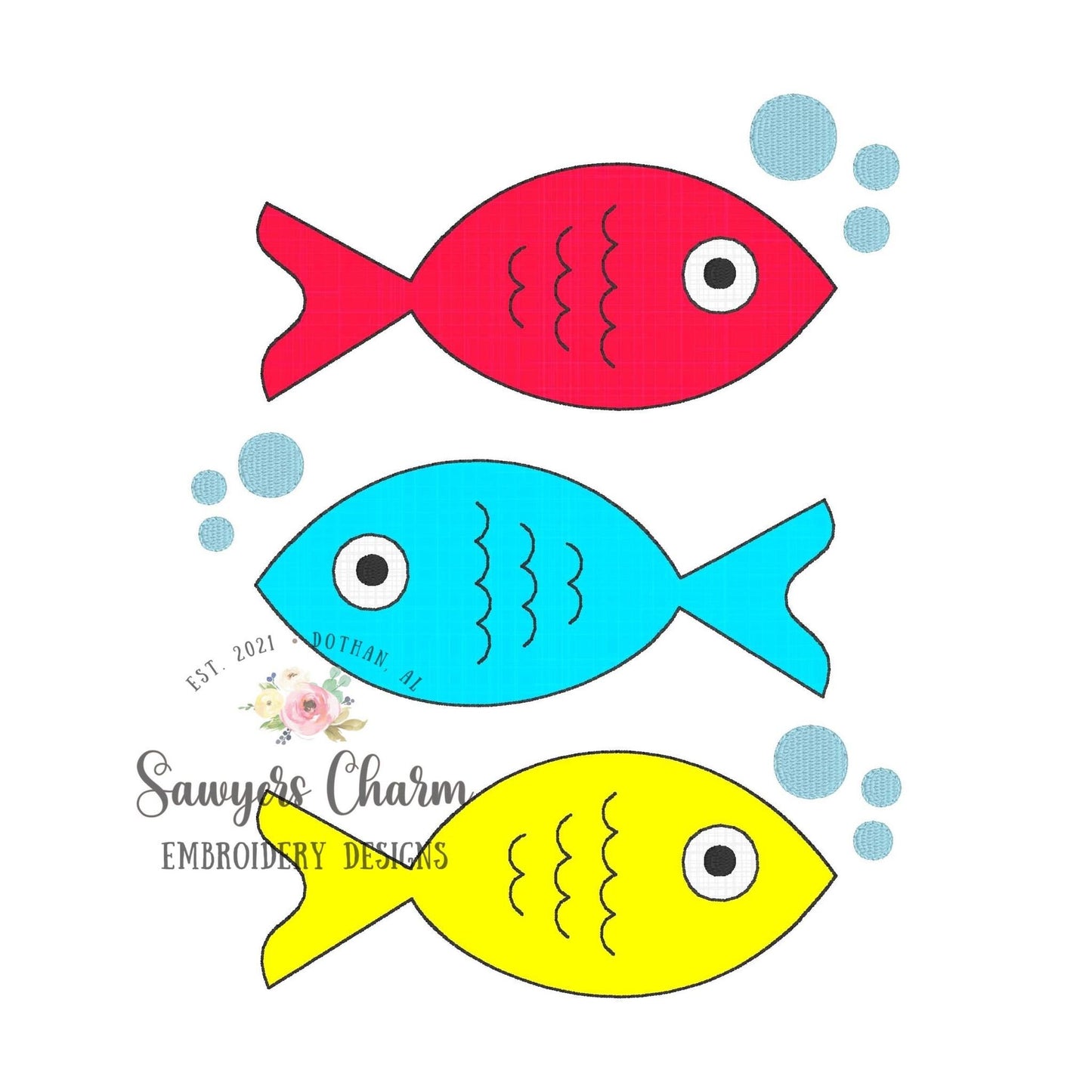 BUNDLE Fish trio with bubbles bean & zig zag stitch applique machine embroidery design file, quick stitch, spring summer, water lake pond