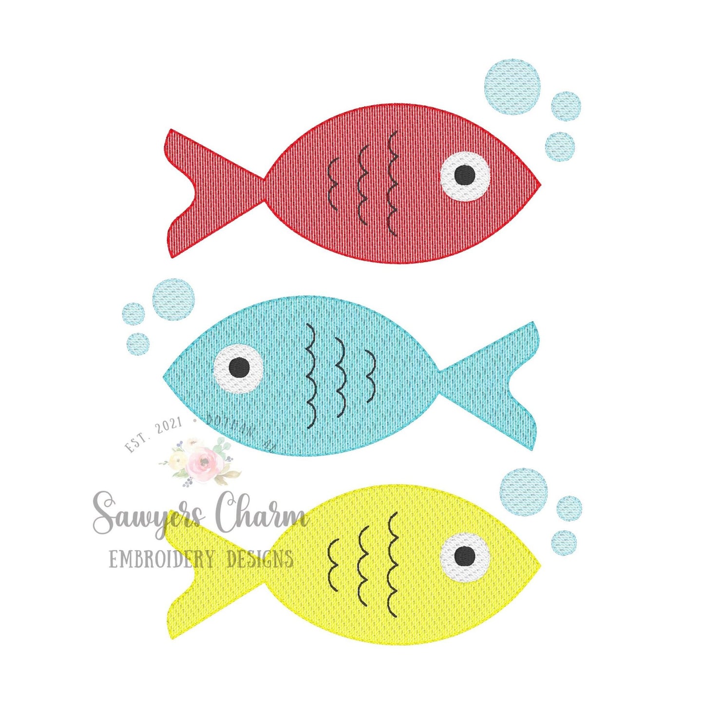Fish trio with bubbles sketch stitch machine embroidery design file, quick stitch, spring summer, water lake pond ocean, bean stitch details