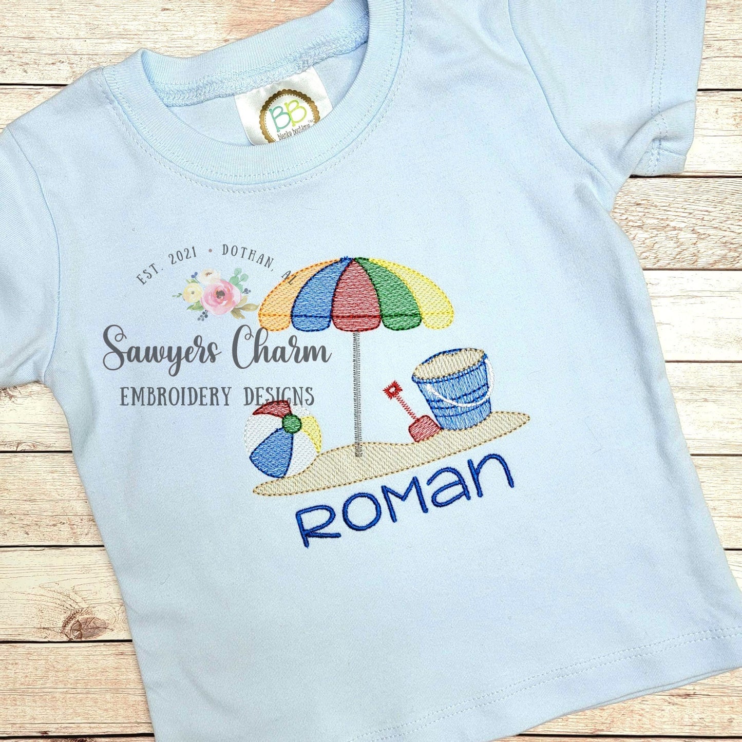 Beach umbrella and ball, sand pail & scoop, sketch stitch machine embroidery design file, bucket, shovel, sand, ocean, water, vacation, sun