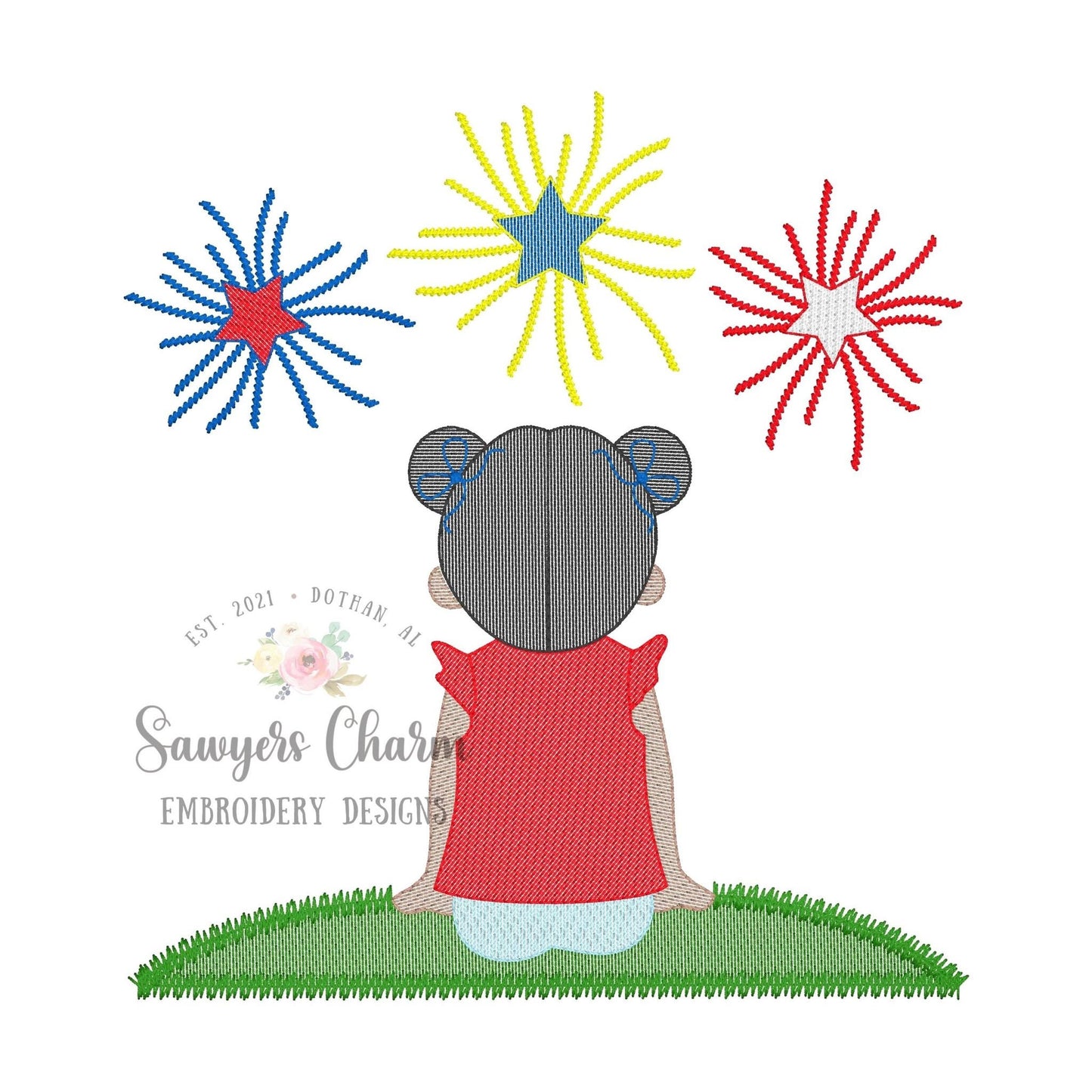 Girl watching fireworks with pigtails/buns and bow sketch stitch machine embroidery design file, patriotic, summer, July 4th, Memorial Day