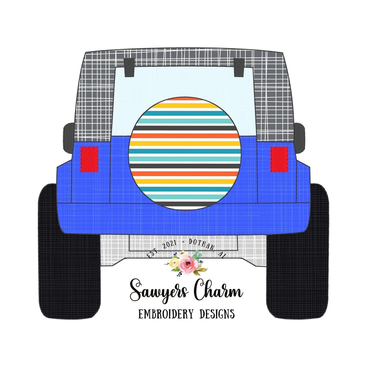 BUNDLE of 3 Off Road SUV vehicle trucks bean stitch applique, machine embroidery design file, sunset, patriotic American flag, summer