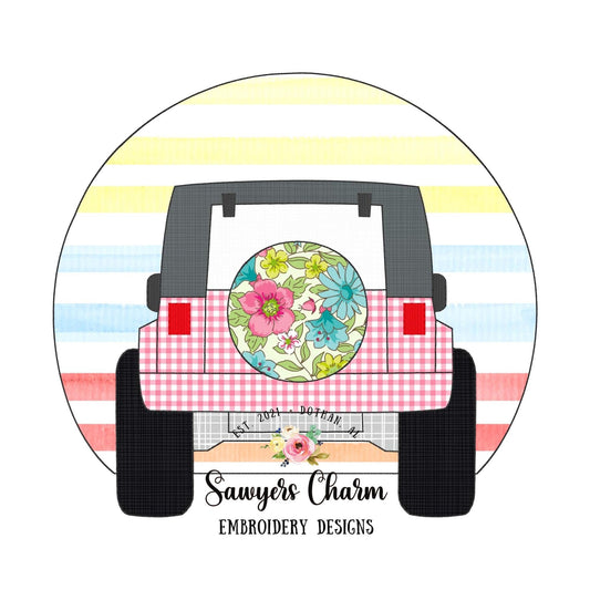 Off Road SUV vehicle truck & tire with sunset bean stitch applique, machine embroidery design file, transportation, mudding, beach summer