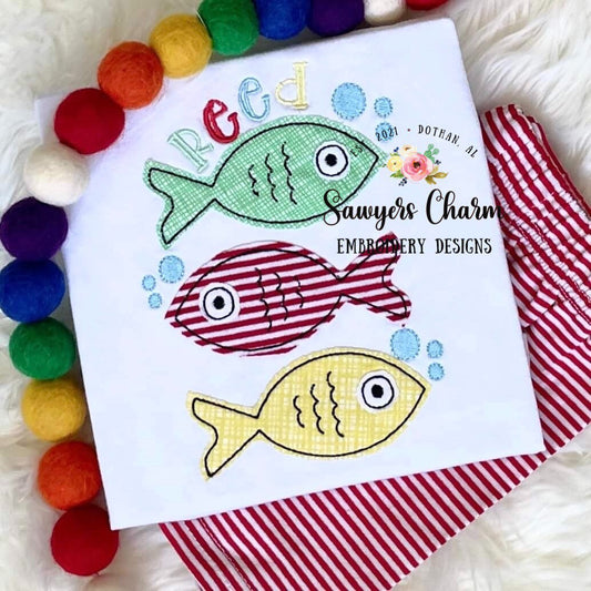 BUNDLE Fish trio with bubbles bean & zig zag stitch applique machine embroidery design file, quick stitch, spring summer, water lake pond
