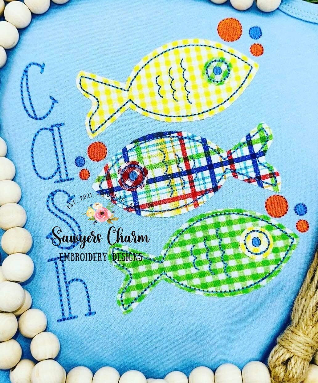 BUNDLE Fish trio with bubbles bean & zig zag stitch applique machine embroidery design file, quick stitch, spring summer, water lake pond