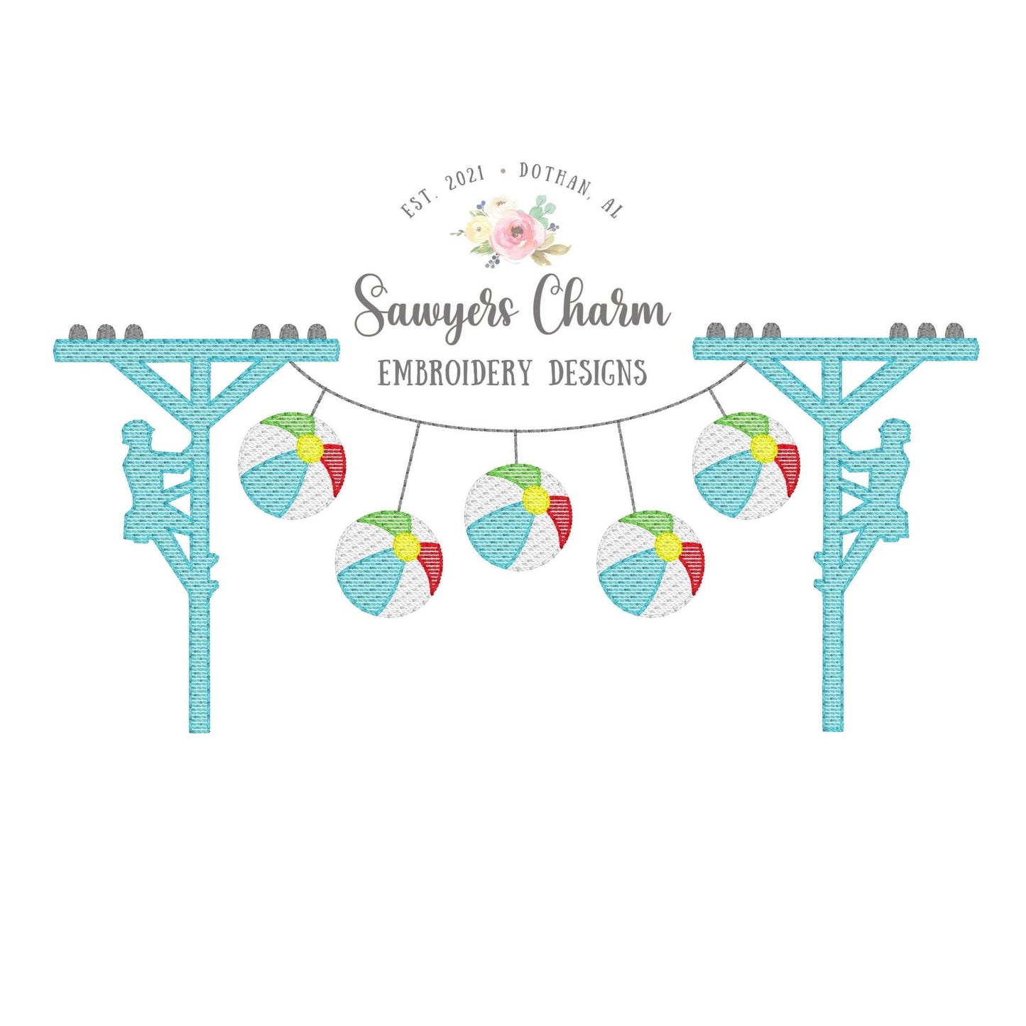 Beach balls lineman bunting banner, sketch stitch machine embroidery design file, quick stitch, bean stitch, summer, ocean, vacation, pool
