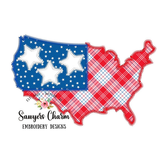 BUNDLE USA map flag with stars bean & zigzag stitch machine embroidery design file, 4th of July, patriotic, stars/stripes, summer, America