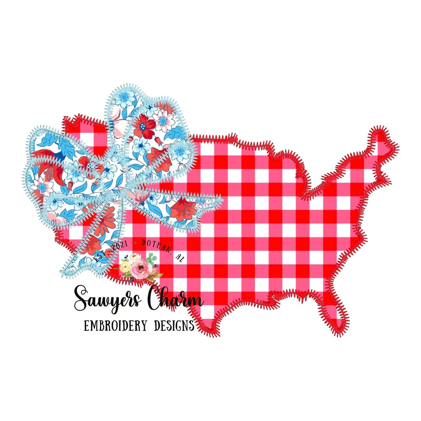 BUNDLE USA map flag with bow bean & zigzag stitch machine embroidery design file, 4th of July, patriotic, stars/stripes, summer, America