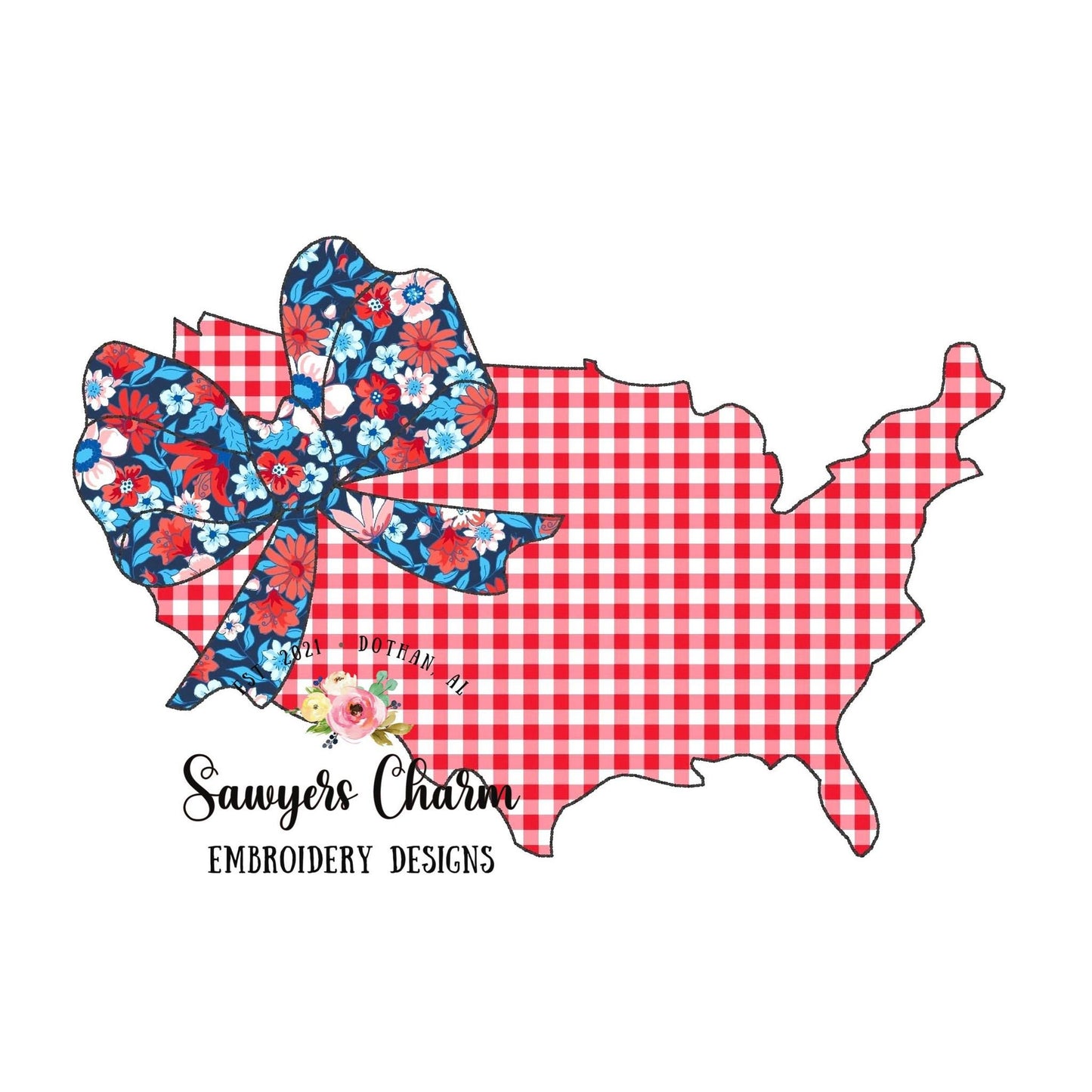 BUNDLE USA map flag with bow bean & zigzag stitch machine embroidery design file, 4th of July, patriotic, stars/stripes, summer, America