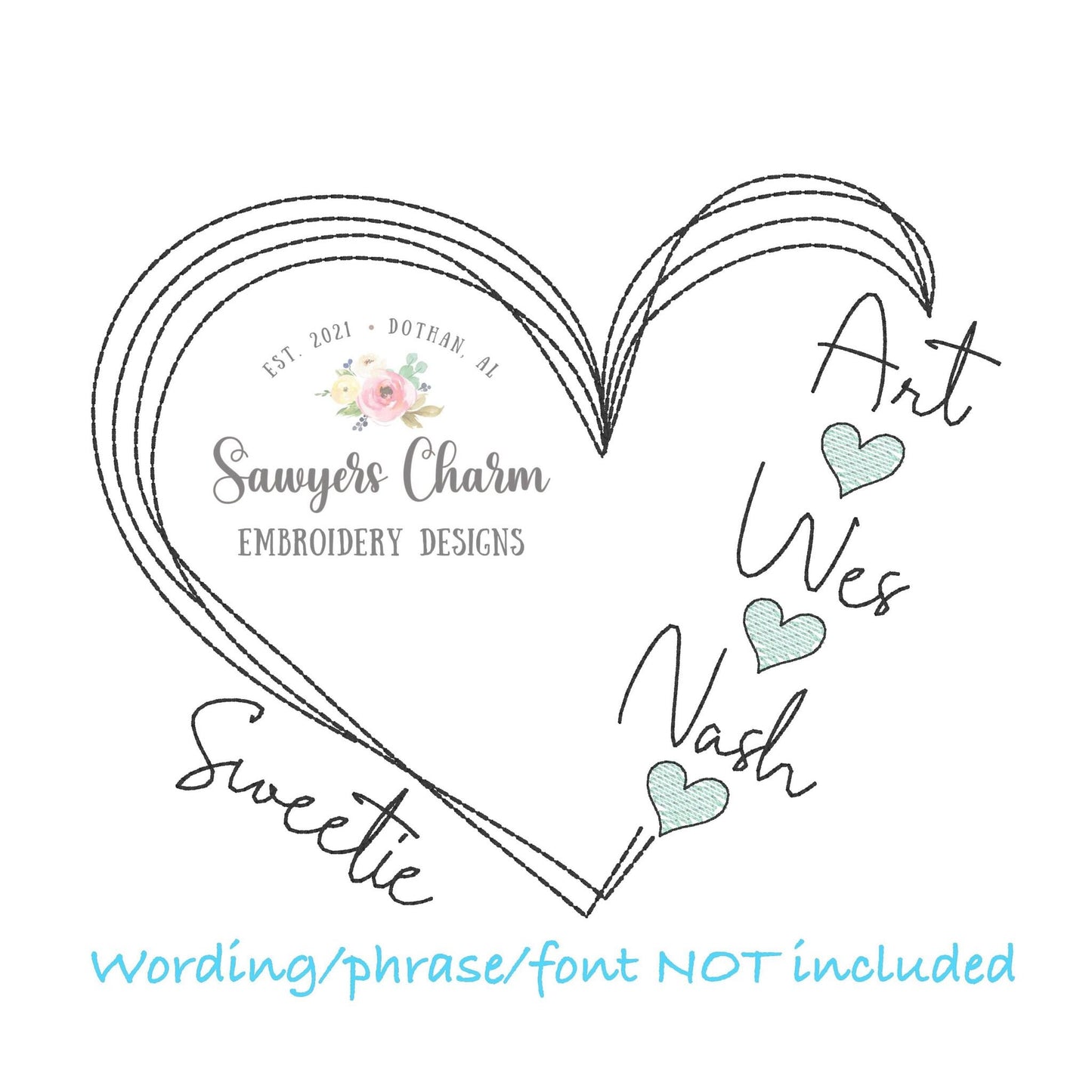Scribble heart frame for names, bean stitch, machine embroidery design file, quick stitch, sketch stitch hearts, Mother's Day, love, grandma