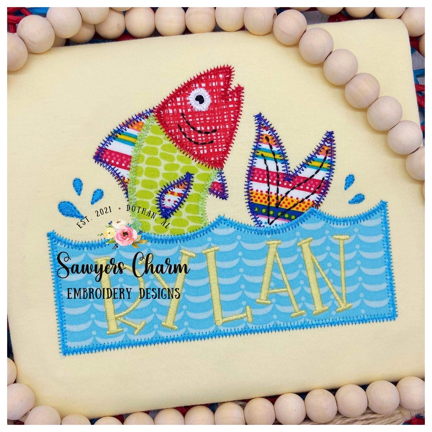 BUNDLE Fish jumping out of water with name plate zig zag & bean stitch machine embroidery design file, outdoors, fishing, bass, quick stitch