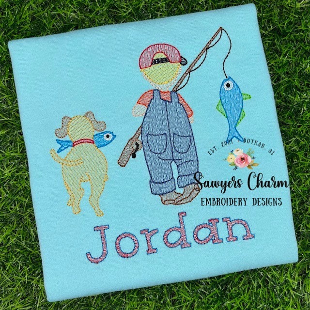 Little boy fishing with dog sketch stitch machine embroidery design file, fishing pole, quick stitch, spring summer, fish, cap/hat, outdoors