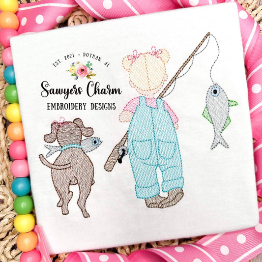 Little girl fishing with dog sketch stitch machine embroidery design file, fishing pole, quick stitch, spring summer, with pigtails & buns