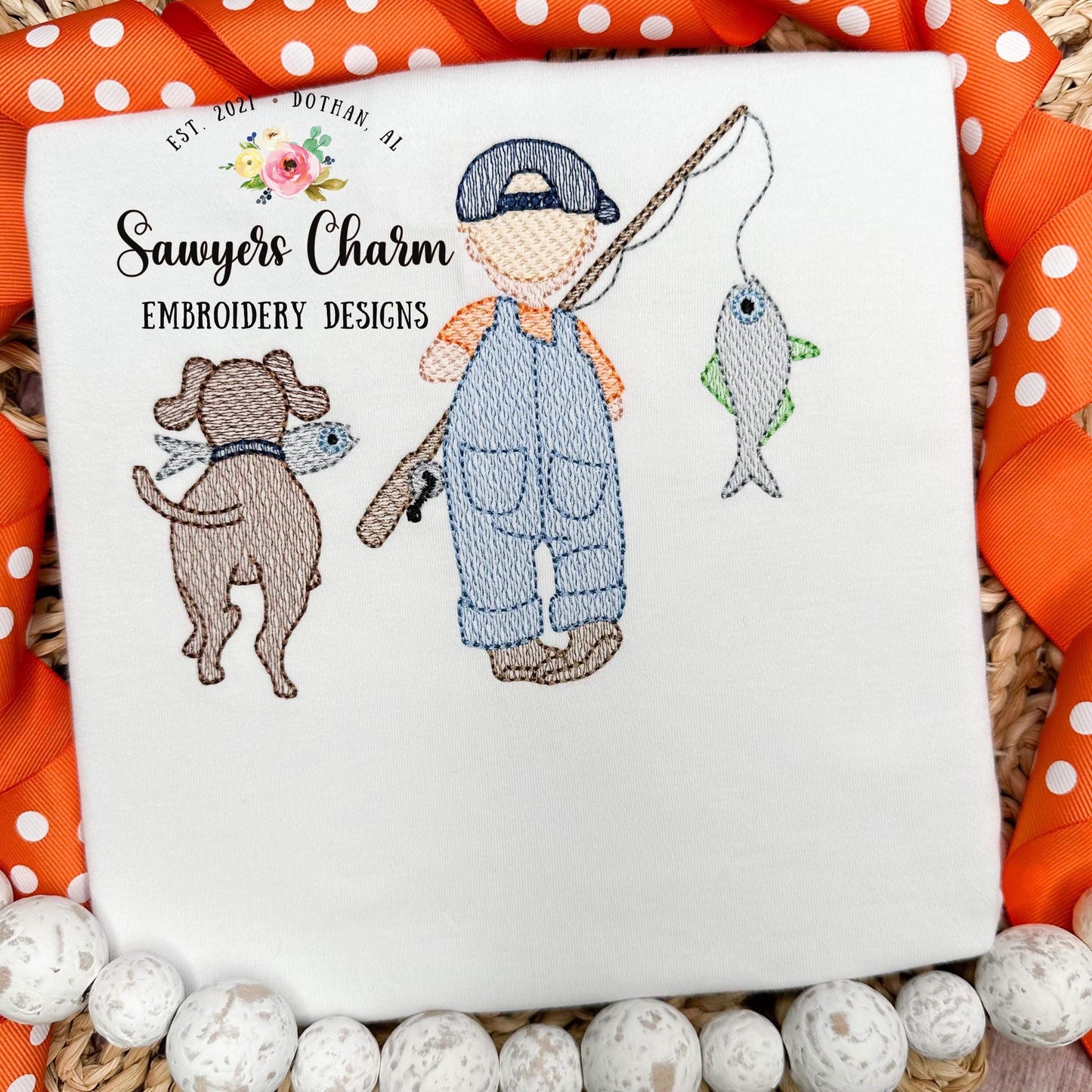 Little boy fishing with dog sketch stitch machine embroidery design file, fishing pole, quick stitch, spring summer, fish, cap/hat, outdoors