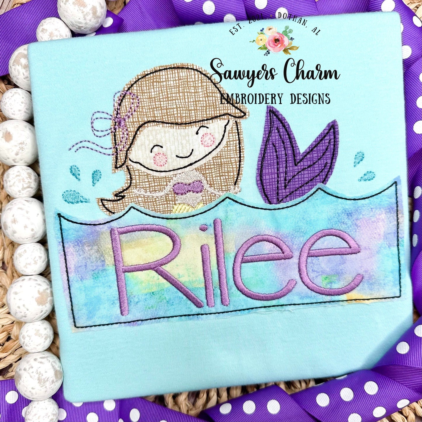 BUNDLE Mermaid jumping out of water with name plate zig zag & bean stitch machine embroidery design file, quick stitch, bow, ocean beach