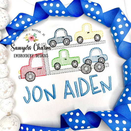Car hauler, tow truck sketch stitch machine embroidery design file, bean stitch details, transportation vehicle, truck, car, semi big rig