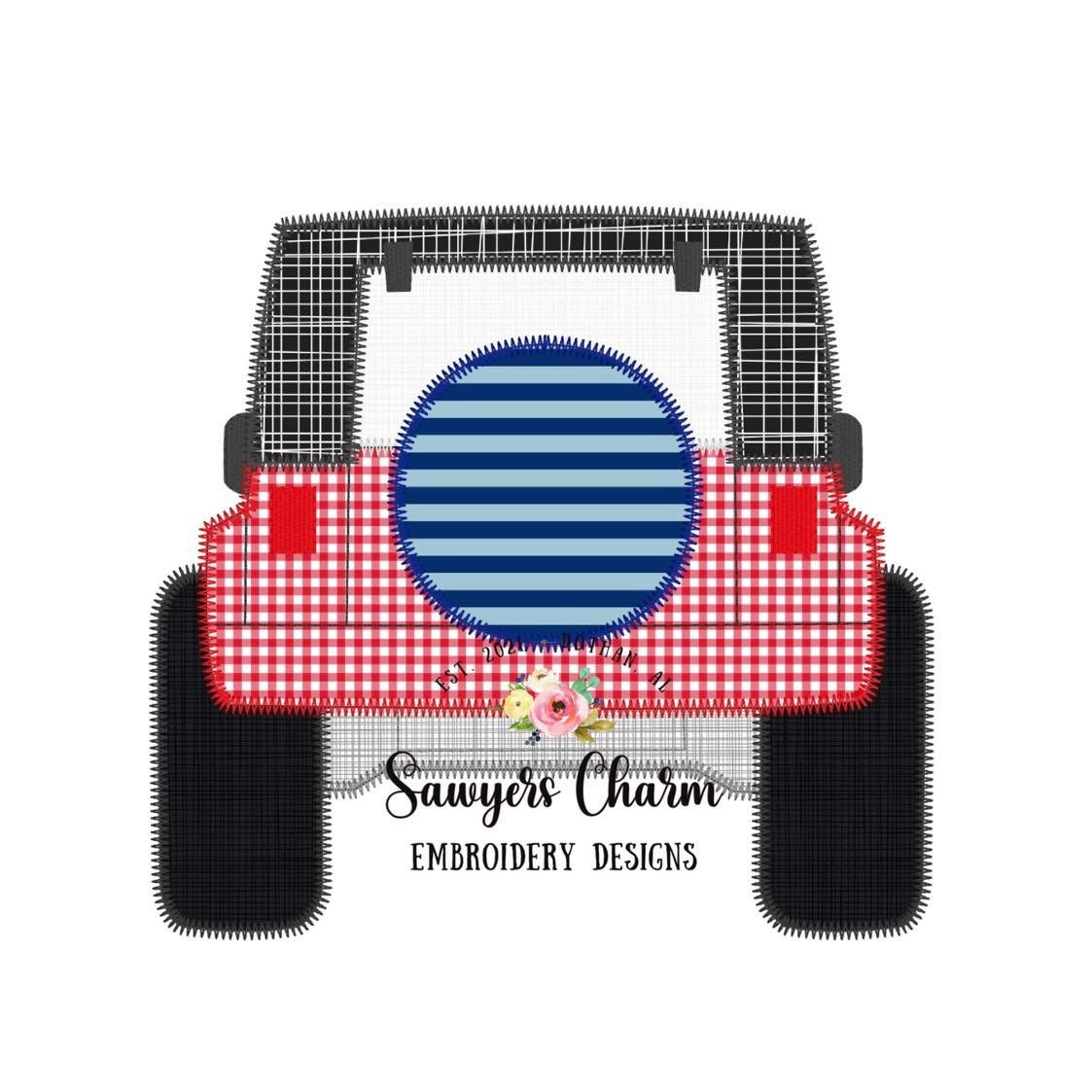 BUNDLE of 3 Off Road SUV vehicle trucks zigzag stitch applique, machine embroidery design file, sunset, patriotic American flag, summer