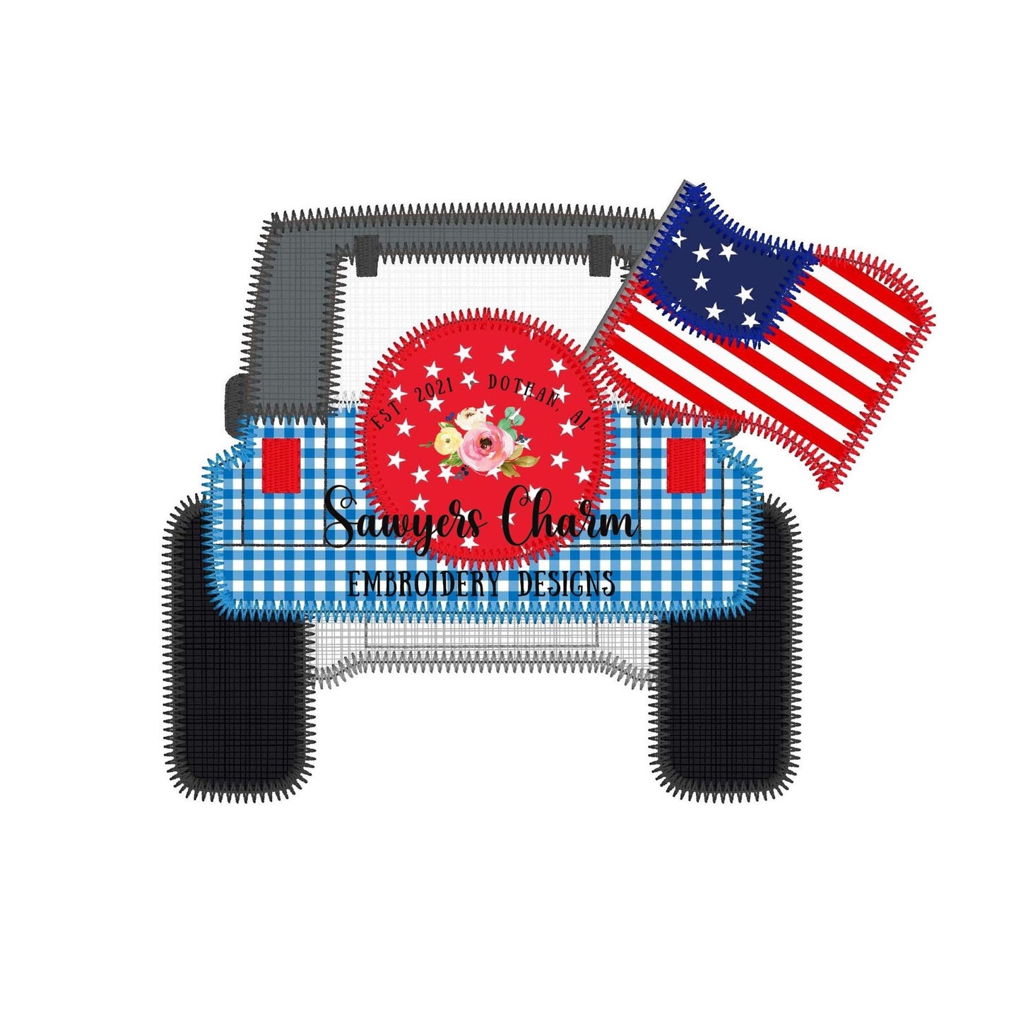 BUNDLE of 3 Off Road SUV vehicle trucks zigzag stitch applique, machine embroidery design file, sunset, patriotic American flag, summer